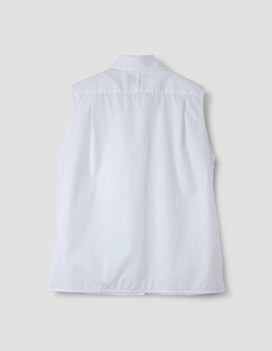 White sleeveless shirt with pleated back yoke and hanger detail, back flat lay view.