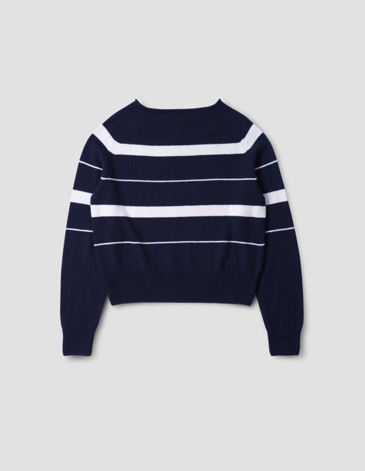 STRIPED ROLL EDGE JUMPER | CASHMERE COTTON | INK / MOTHER OF PEARL