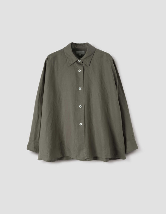 Brown linen long sleeve shirt with mother of pearl button closure, front flat lay view.