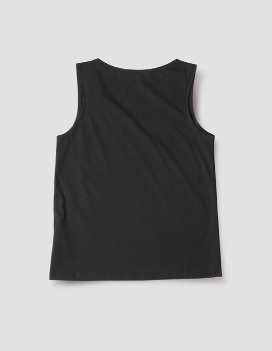 Black cotton sleeveless vest, back flat lay view.