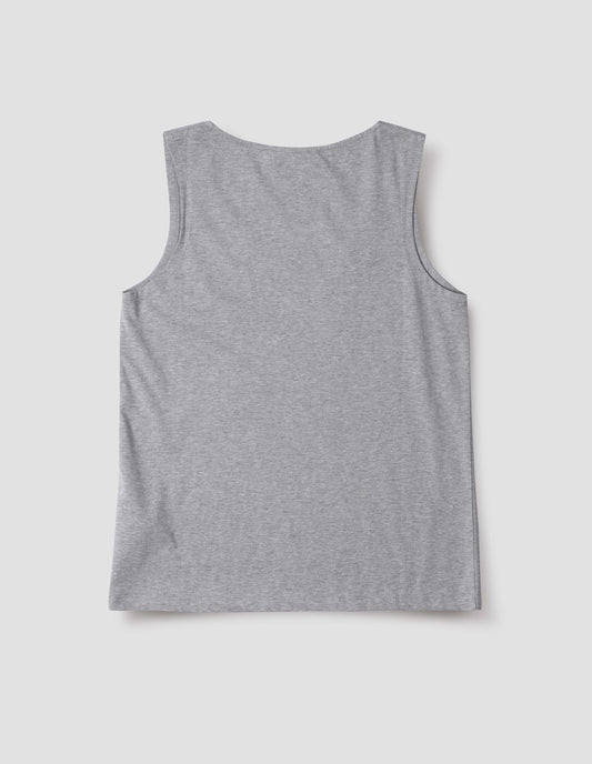 Grey cotton sleeveless vest, back flat lay view.