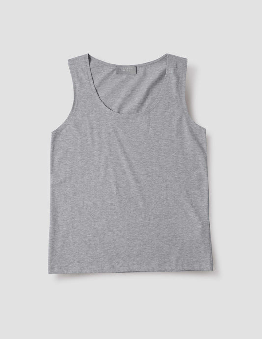 Grey cotton sleeveless vest with scoop neck, front flat lay view.