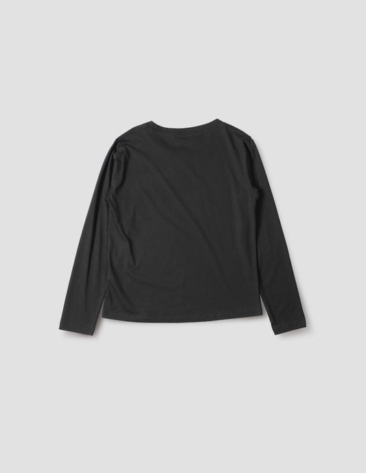 Black cotton wide neck long sleeve with boxy cut, back flat lay view.