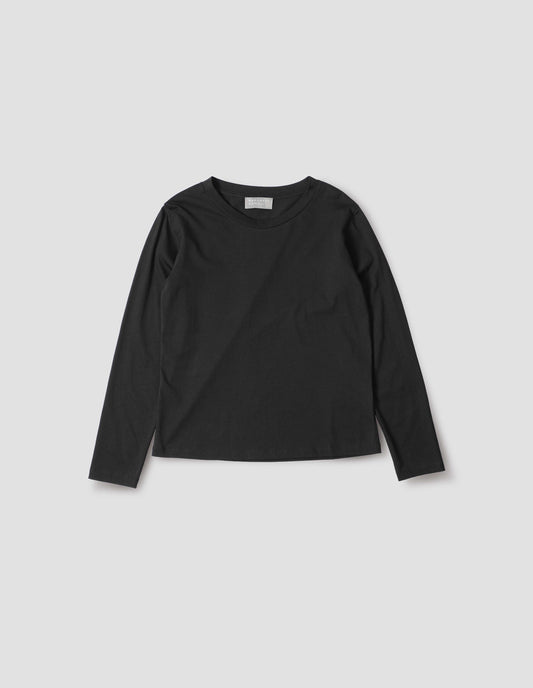 Black cotton wide neck long sleeve with boxy cut, front flat lay view.
