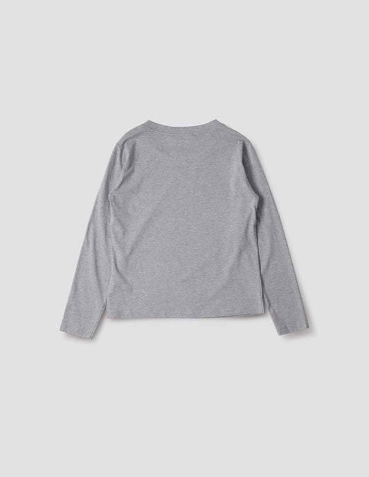 Grey cotton wide neck long sleeve with boxy cut, back flat lay view.