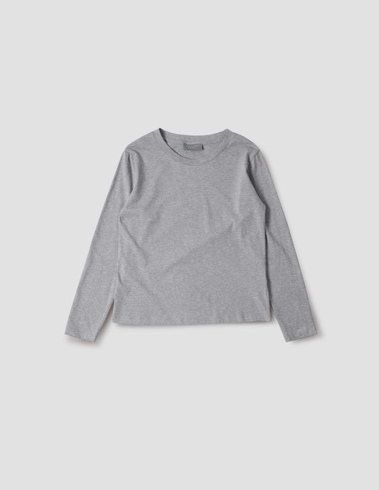 Grey cotton wide neck long sleeve with boxy cut, front flat lay view.
