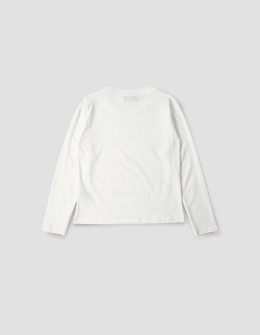 Off white cotton wide neck long sleeve with boxy cut, back flat lay view.