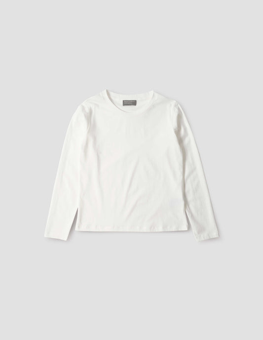 Off white cotton wide neck long sleeve with boxy cut, front flat lay view.