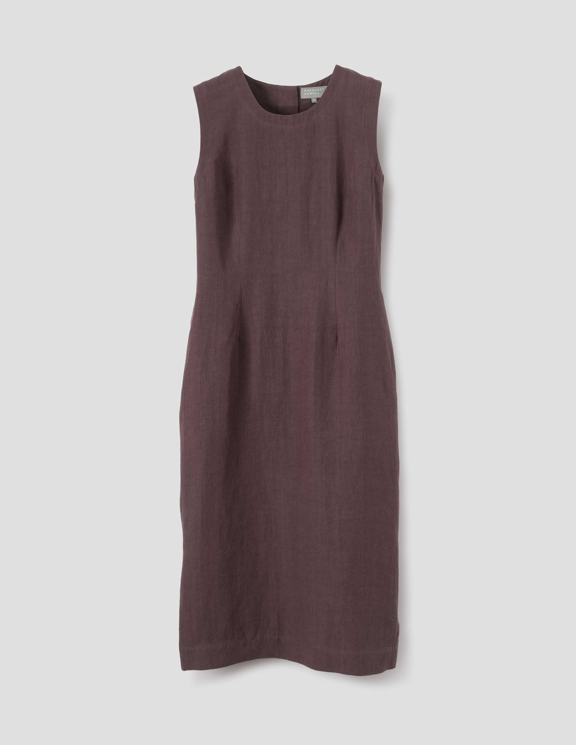 Brown midi-length sleeveless dress with concealed side pockets. Front flat lay view.