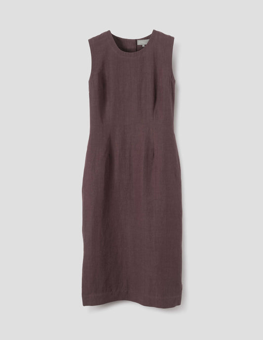 Brown midi-length sleeveless dress with concealed side pockets. Front flat lay view.
