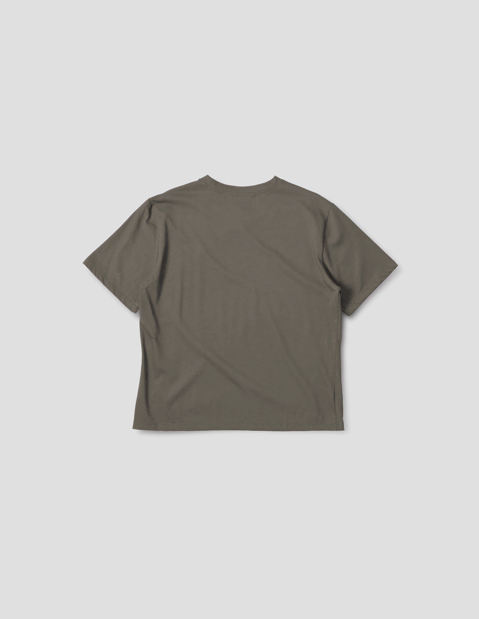 Greyish green cotton short sleeve t-shirt with boxy cut, back flat lay view.