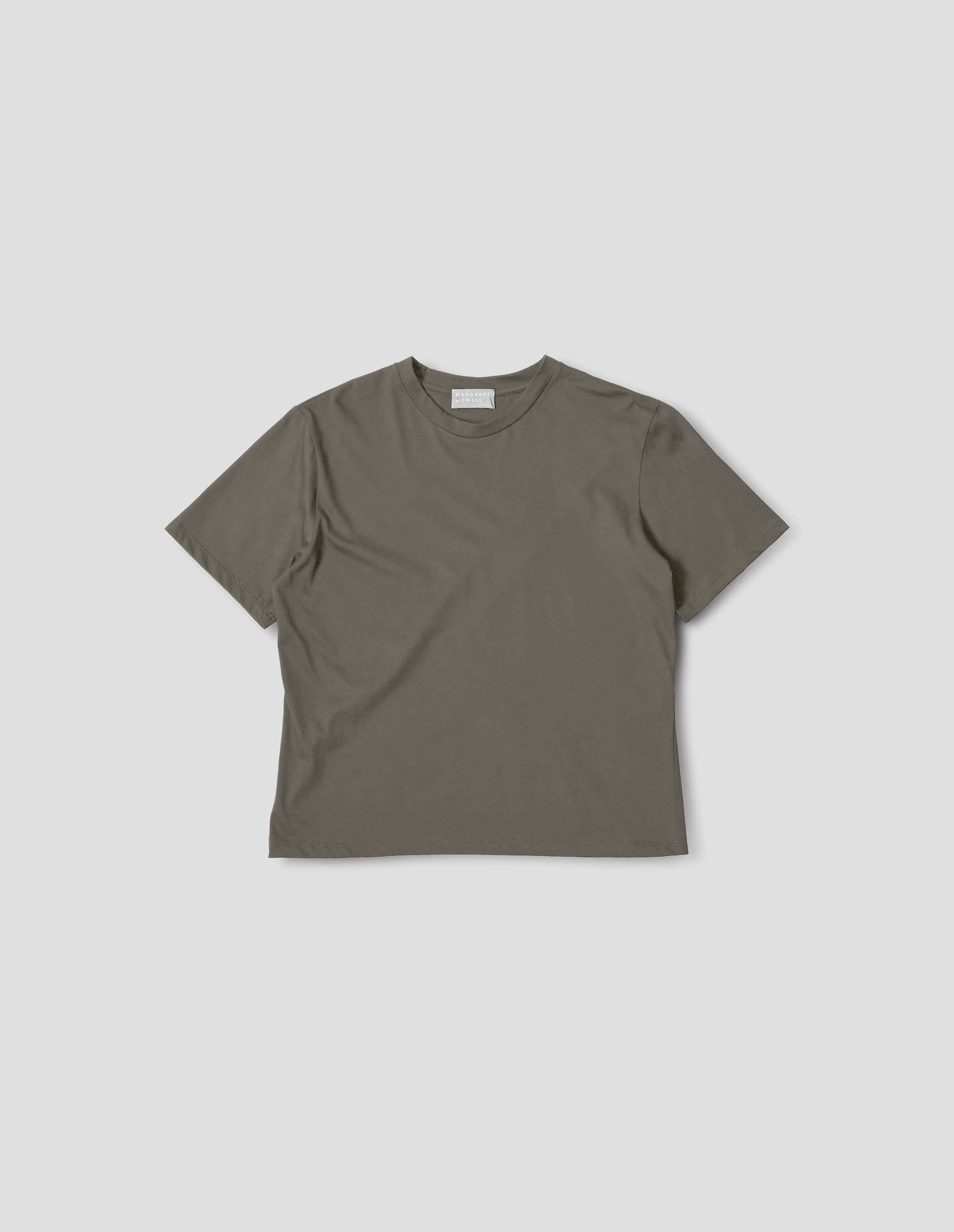 Greyish green cotton short sleeve t-shirt with boxy cut, front flat lay view.