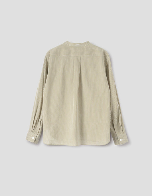 Green and white striped cotton silk collarless shirt, with box pleat on back yoke, elongated back hem, buttonhole detailing on collar band and horn button cuffs. Back flat lay view. 