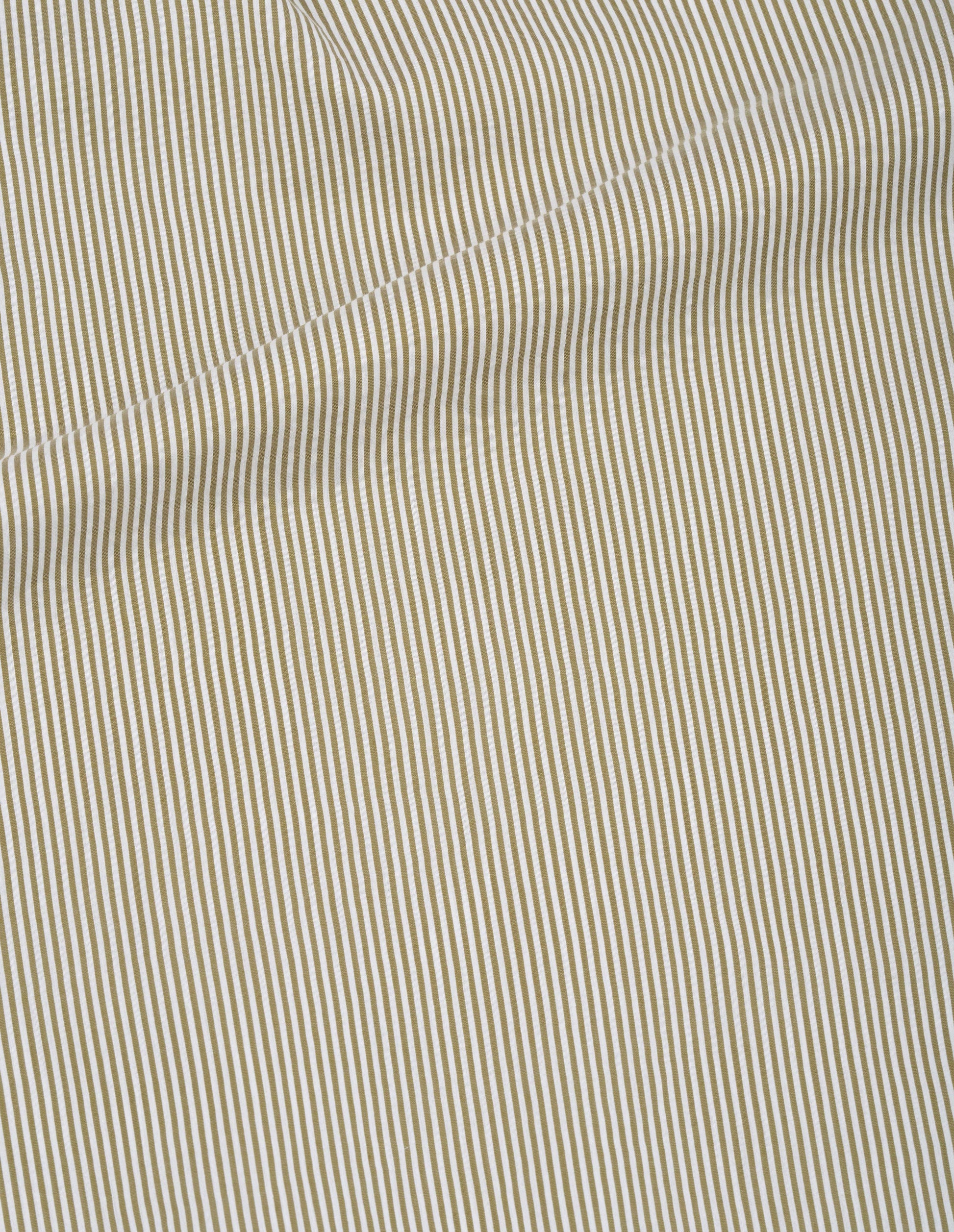 Green and white cotton silk fine stripe collarless shirt, fabric swatch.