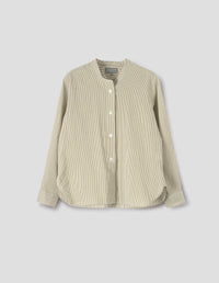 BUTTON THROUGH COLLARLESS SHIRT | COTTON SILK FINE STRIPE | KHAKI / WHITE