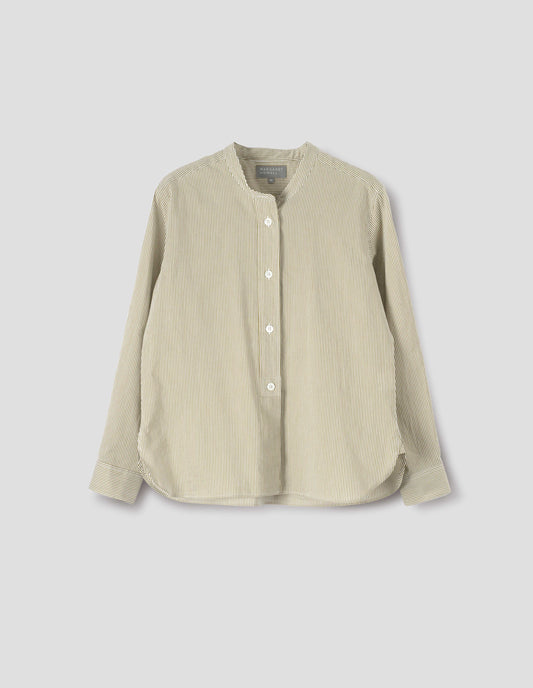 Green and white striped cotton silk collarless shirt, with raised placket with box stitch detailing, buttonhole detailing on collar band and horn button closure. Front flat lay view.