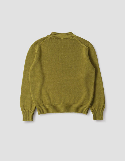 Greenish yellow linen and cotton crew neck jumper, with deep rib crew neck, rib cuffs and hem. Back flat lay view.