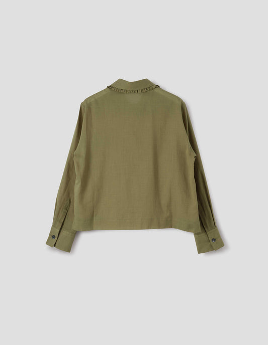 Green cotton cashmere frilled collar long sleeve shirt, with horn button cuffs. Back flat lay view. 