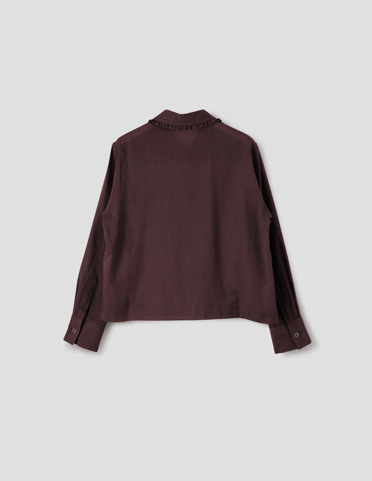 Dark red cotton silk frilled collar long sleeve shirt,  with mother of pearl button cuffs, Back flat lay view. 