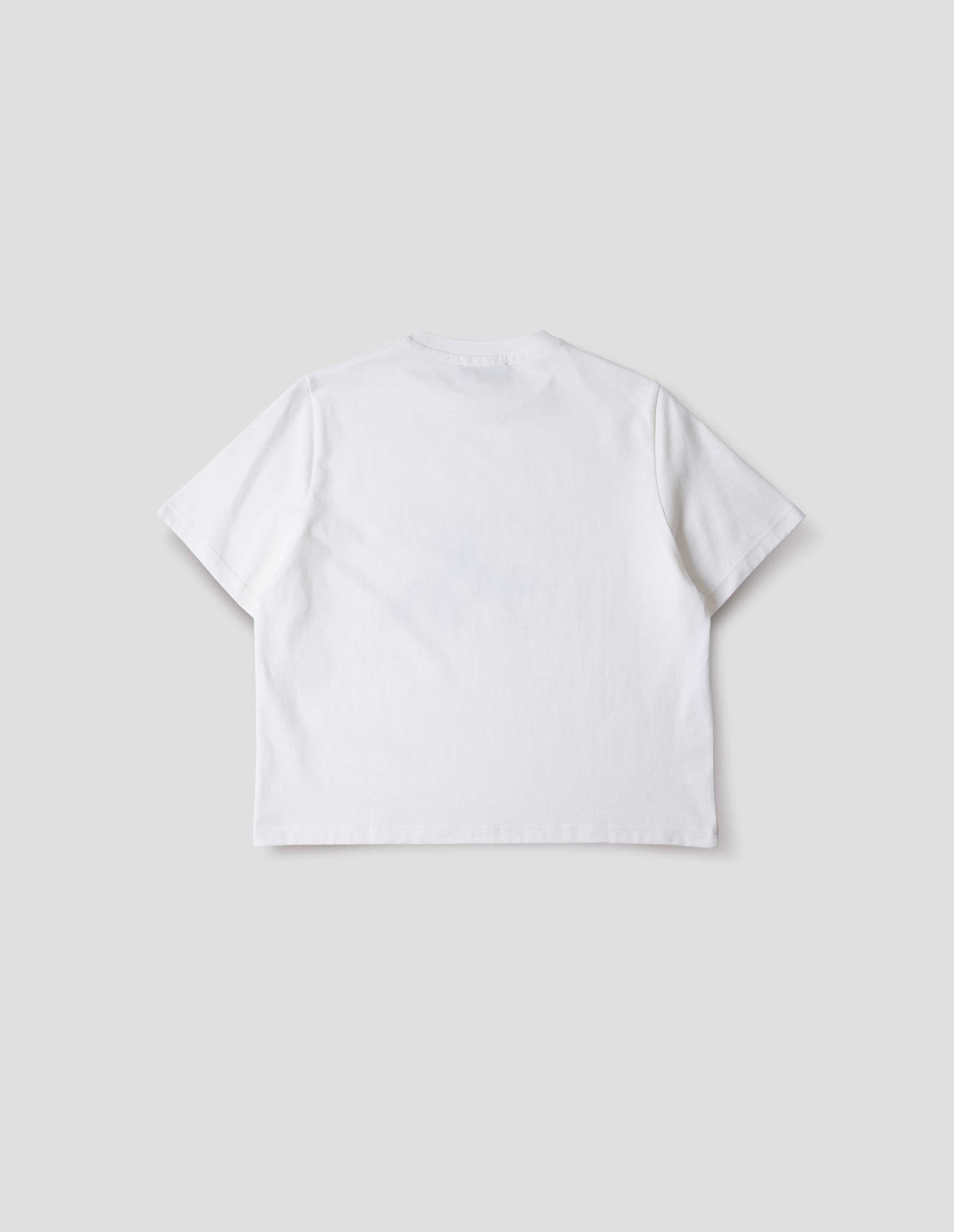 White boxy crew neck t-shirt. Back flat way view.