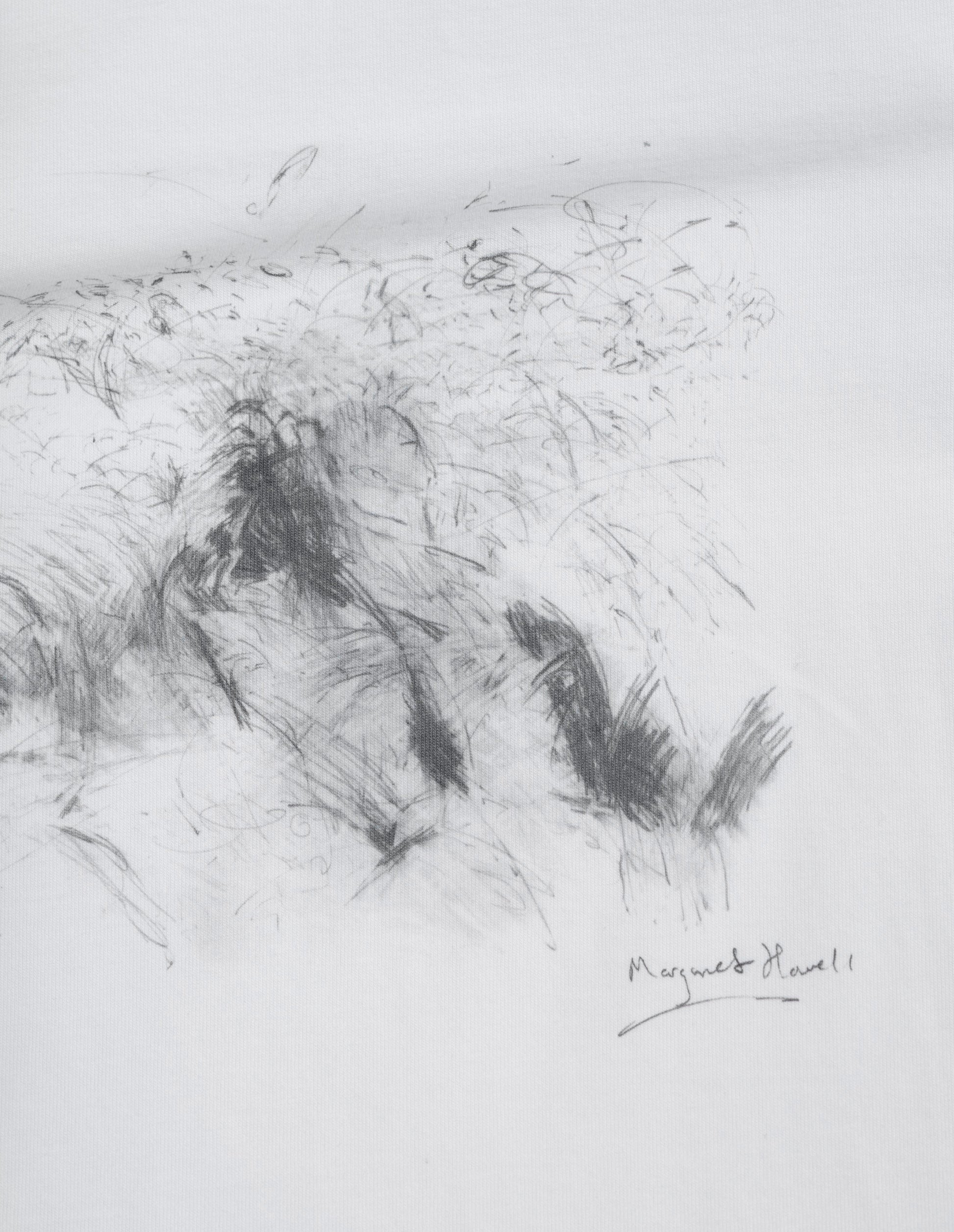 White cotton jersey t-shirt with dark grey drawing print, fabric swatch.