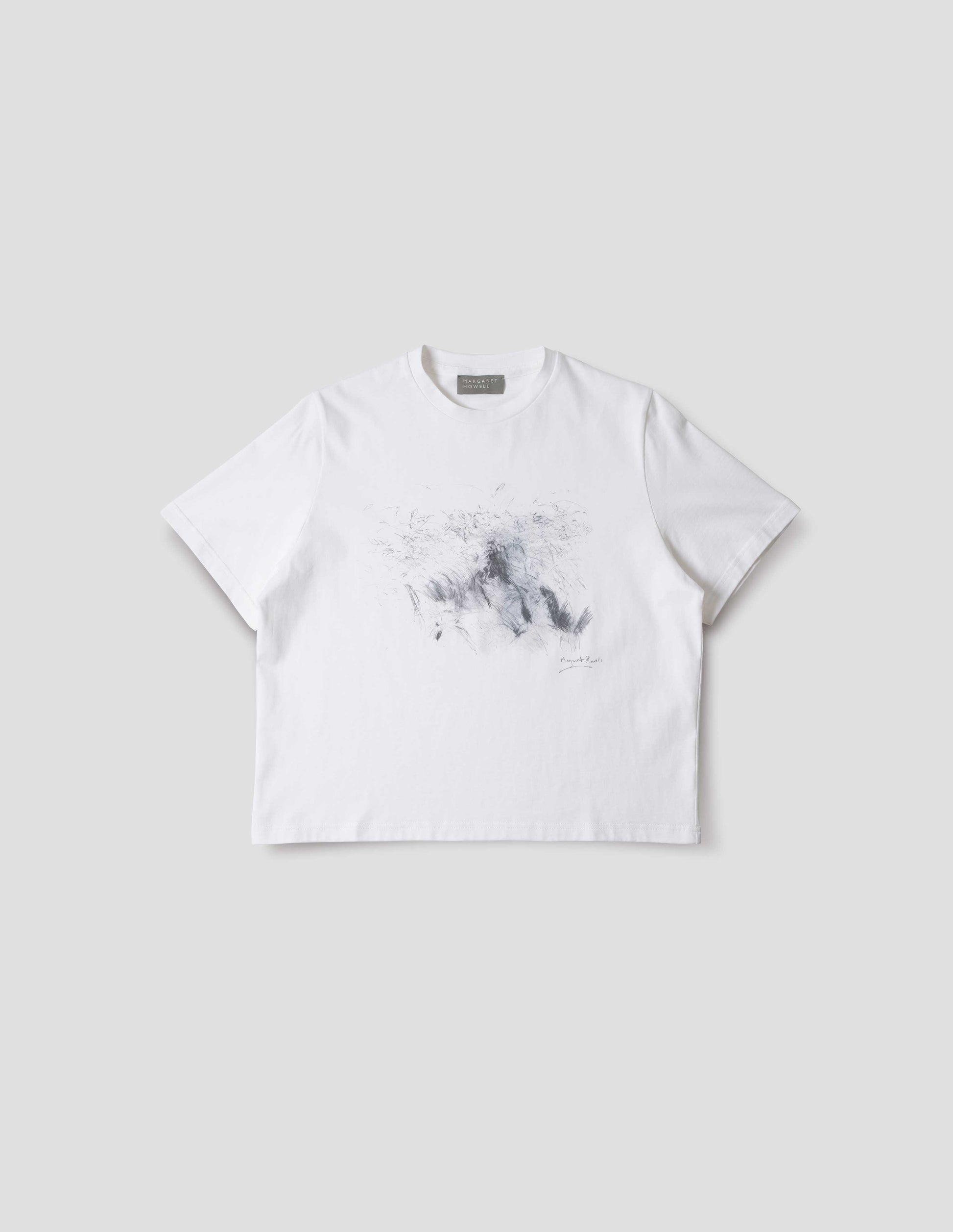 White boxy crew neck t-shirt with dark grey drawing print. Front flat way view.