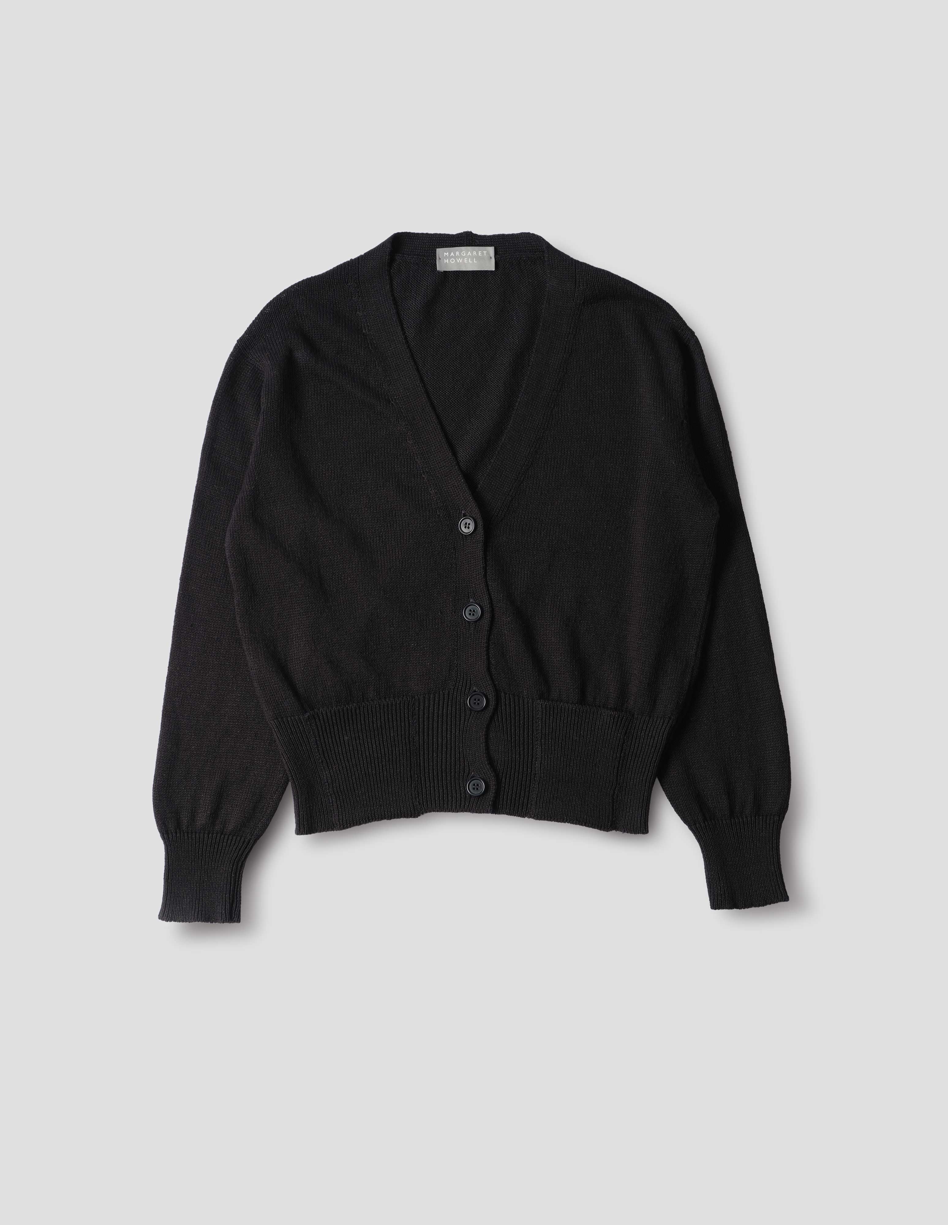 Black linen cotton Integral Pocket V Neck Cardigan | Margaret Howell