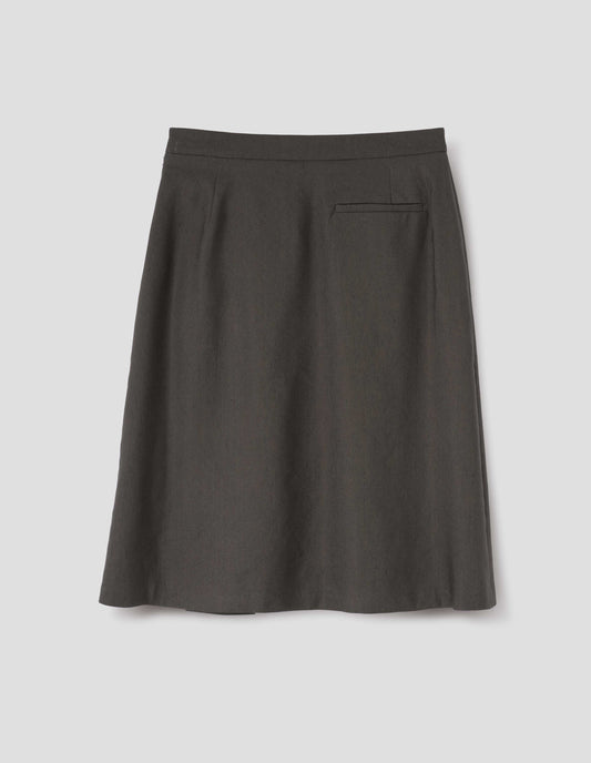 Greenish brown regular A line knee length skirt, minimal waistband with jet pocket and full hem. Back flat lay view. 