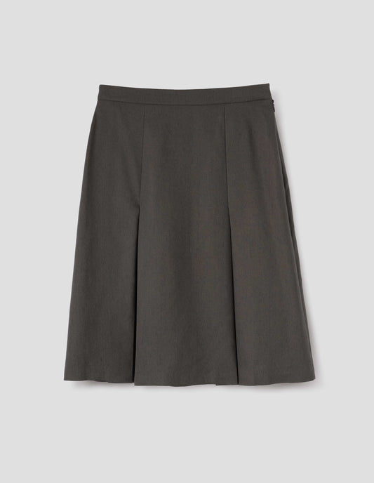 Greenish brown regular A line knee length skirt, minimal waistband with concealed side zip and full hem. Front flat lay view.