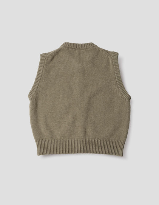 Brownish green sleeveless merino cashmere gilet with contrast rib neckline and hem.  Back flat lay view.