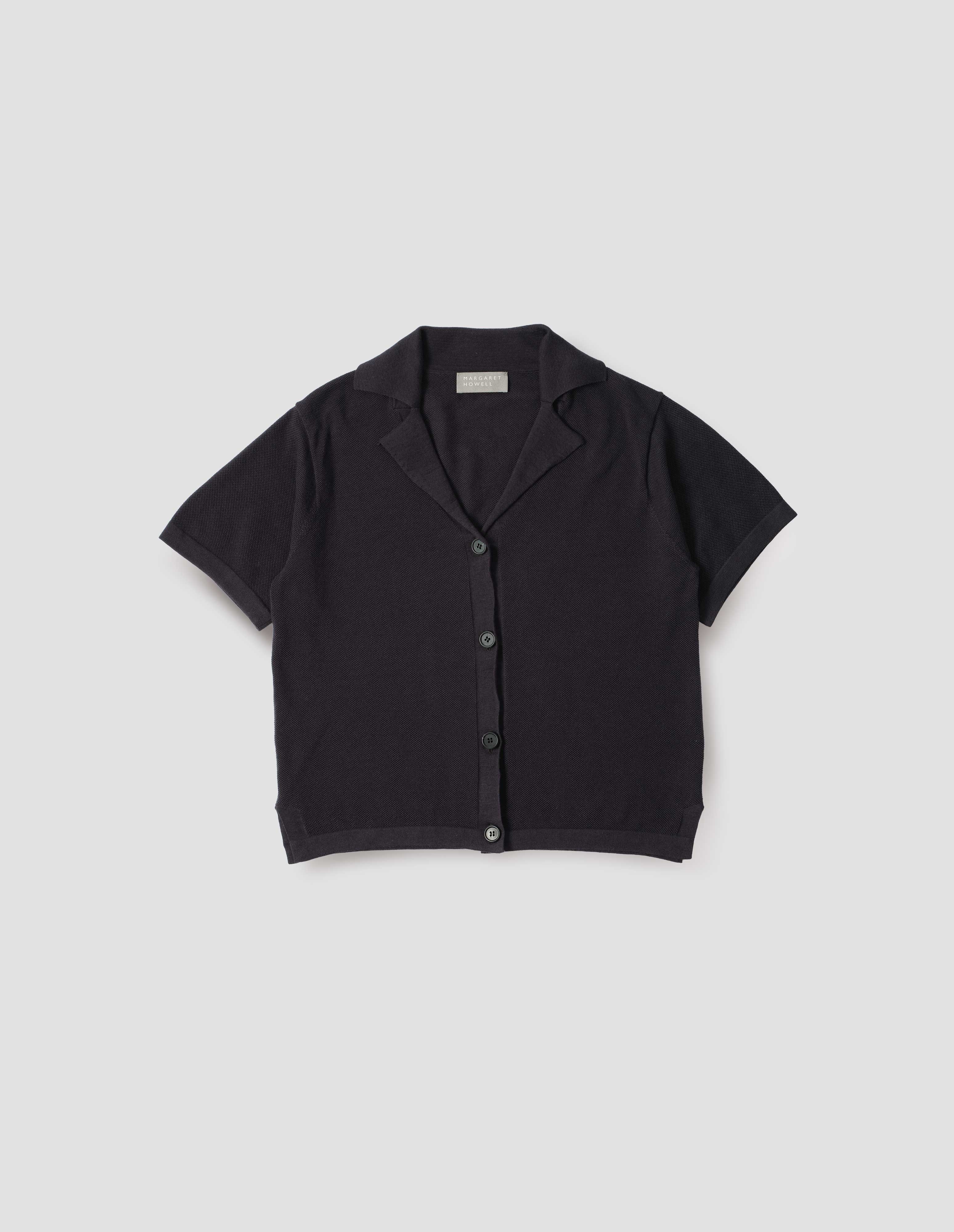 トップス MARGARET HOWELL SOFT COTTON CASHMERE Black cotton cashmere Knitted Short Sleeve Shirt | Margaret Howell