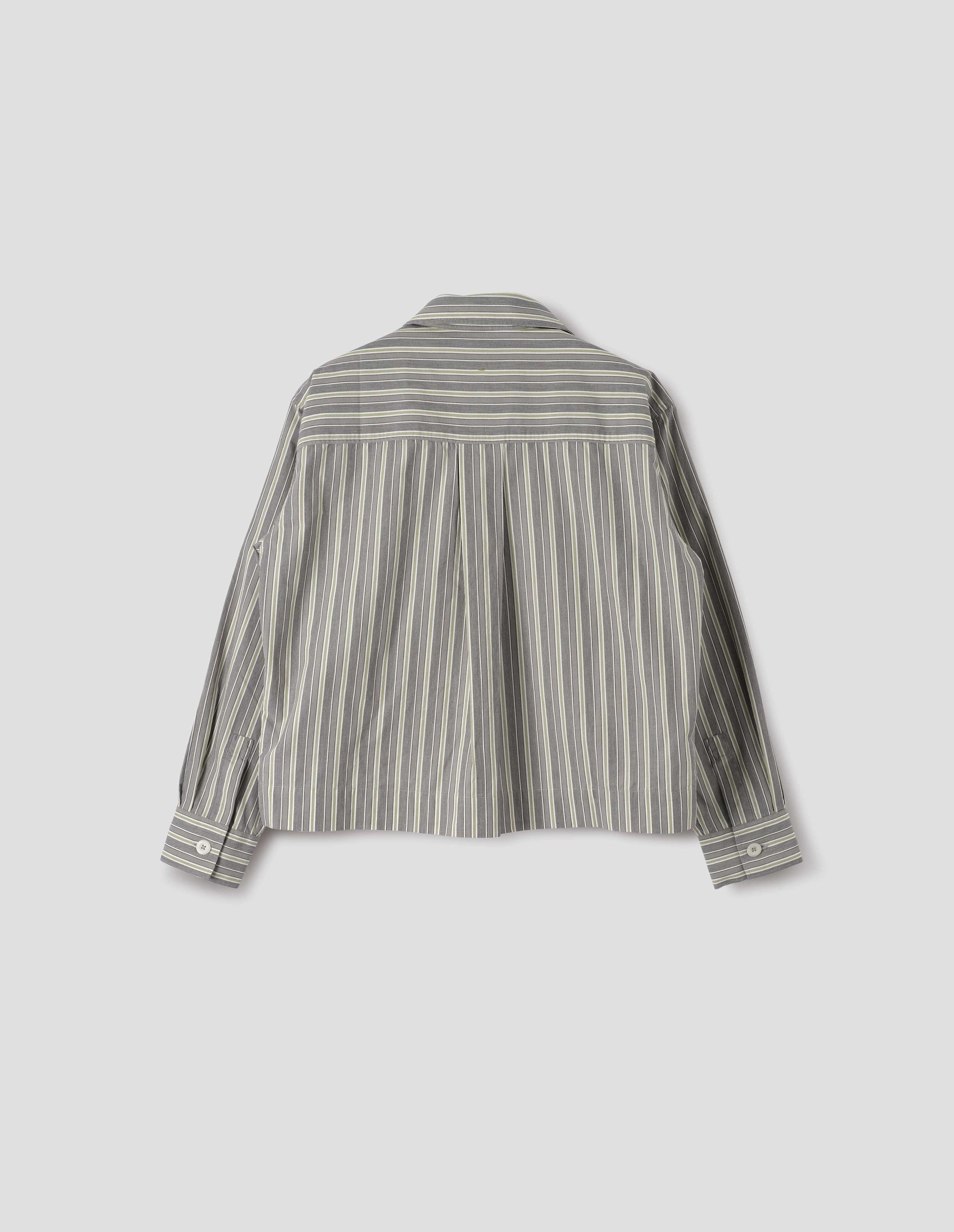 Grey, yellow and white striped cotton long sleeve shirt. With stepped vent split hem, corozo brace button cuffs and box pleat on back yoke. Back flat lay view.