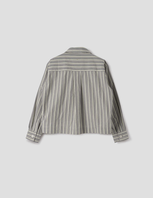 Grey, yellow and white striped cotton long sleeve shirt. With stepped vent split hem, corozo brace button cuffs and box pleat on back yoke. Back flat lay view.