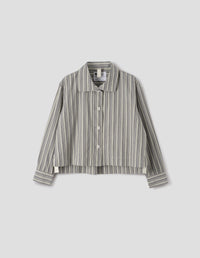 MHL. ASYMMETRIC ROUND COLLAR SHIRT | PYJAMA STRIPE COTTON | OFF WHITE / GREY / ZEST