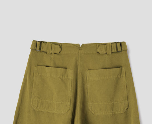 Light green trousers with two patch pockets and silver metal waist tab adjuster. Back flat lay view. Back flat lay view.