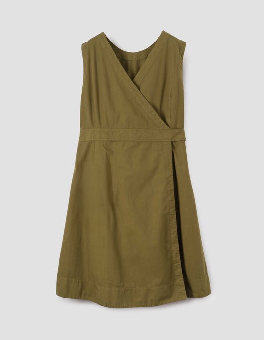 Green cotton sleeveless dress with v detail on back, wrap around belt and deep stitch hem. Back flat lay view.