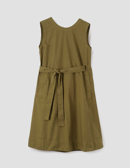 Green cotton sleeveless dress with round neck, wrap around belt, side seam pockets and deep stitch hem. Front flat lay view.