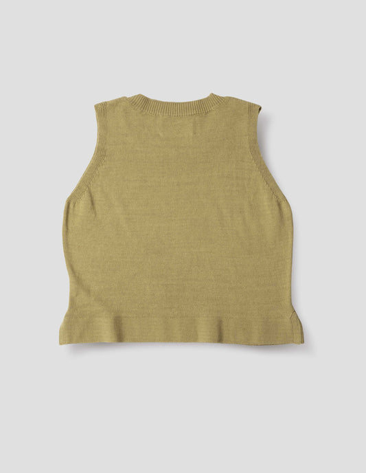 Yellowish green knitted tank top with single rib crew neck and side split rib hem. Back flat lay view.