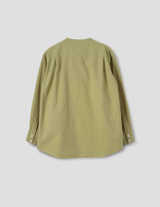 Yellowish green cotton canvas long sleeve collarless shirt. With wide double button fastening cuffs and pleats on back yoke. Back flat lay view.