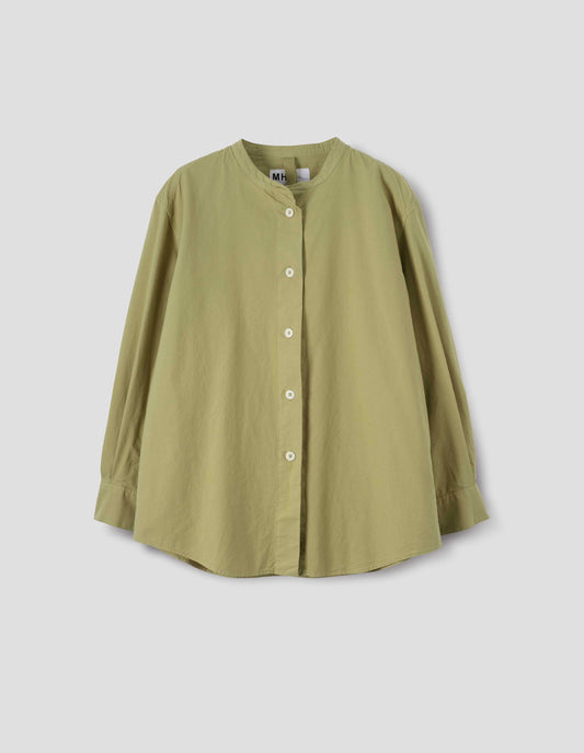 Yellowish green cotton canvas long sleeve collarless shirt. With wide stitch through placket, corozo brace buttons and double button fastening cuffs. Front flat lay view.