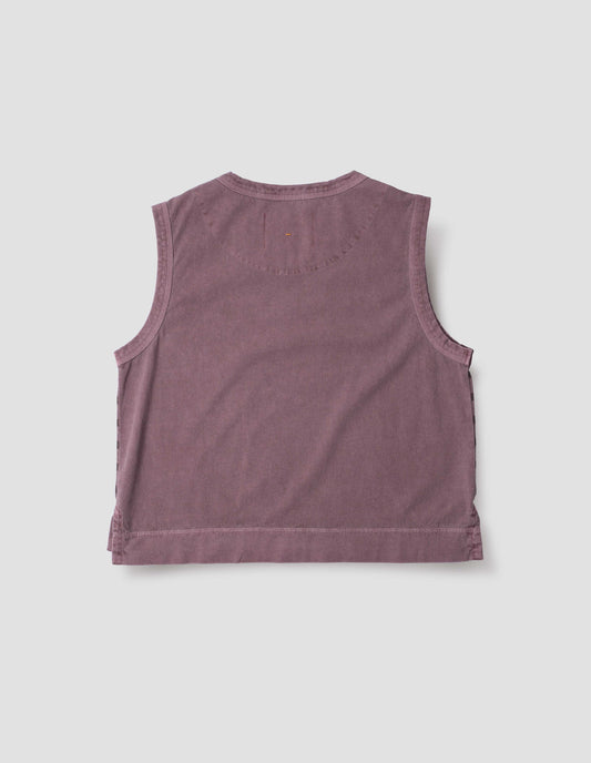Purple cotton linen tank top with contrast ribbing on neckline and armholes, with stitch-through half moon on back yoke, side splits and deep stitch hem. Back flat lay view.