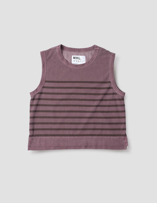 Purple cotton linen tank top with brown stripes, contrast ribbing on neckline and armholes, with side splits and deep stitch hem. Front flay lay view.