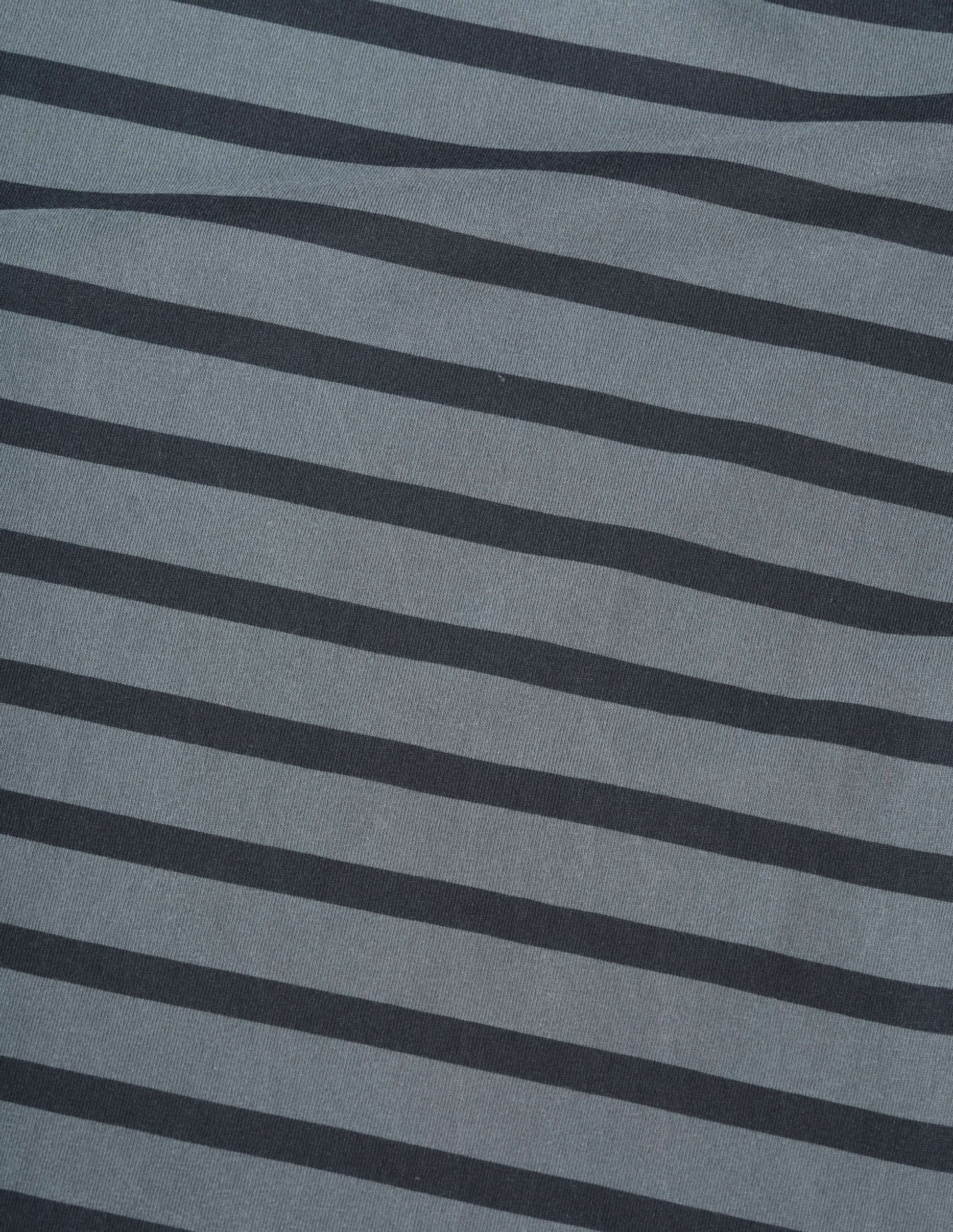 Blue cotton linen sleeveless top with black stripes, fabric swatch. 