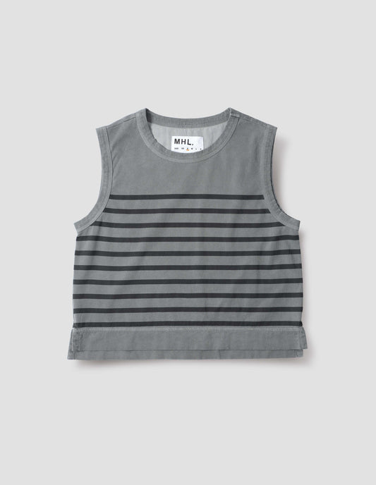 Blue cotton linen tank top with black stripes, contrast ribbing on neckline and armholes, with side splits and deep stitch hem. Front flay lay view.