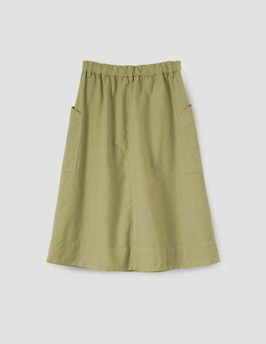 Light green skirt with two large side patch pockets, elasticated waist and belt loops. Back flat lay view.
