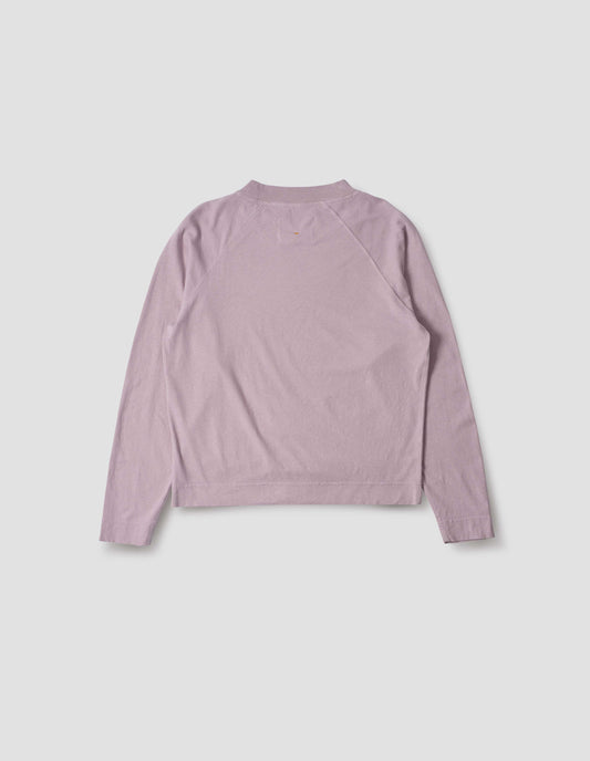 Lilac cotton linen long sleeve t-shirt with contrast rib on neckline and raglan sleeve detailing. Back flat lay view.