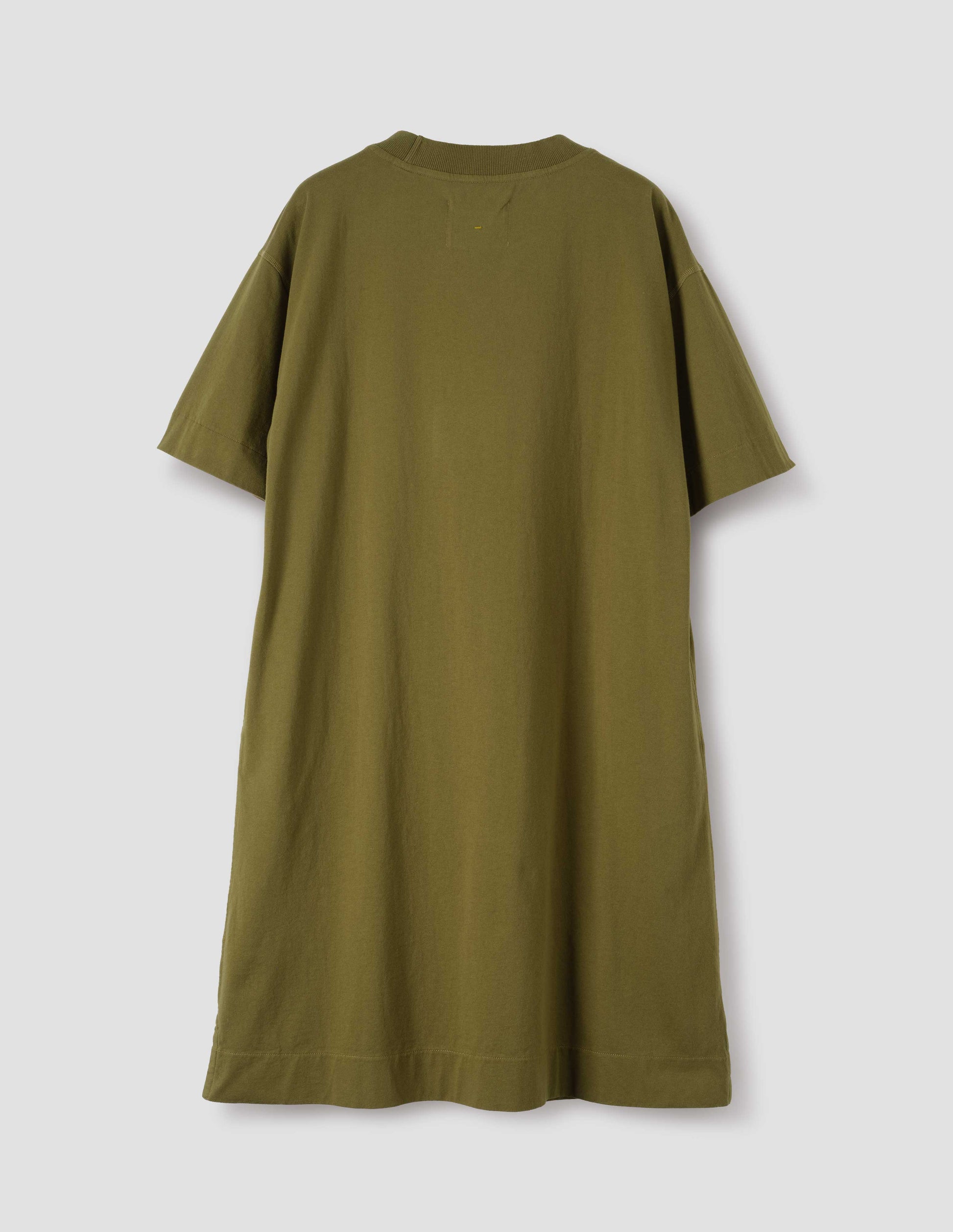 Brownish green short sleeve cotton t-shirt dress. With concealed side pockets, seam detailing, side split hems and flatlock stitch seam detailing. Back flat lay view.