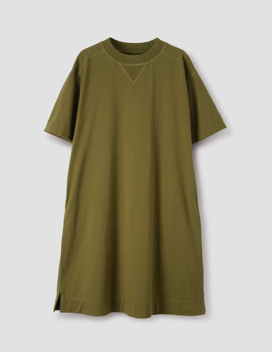 Brownish green short sleeve cotton t-shirt dress. With concealed side pockets, seam detailing, side split hems and flatlock stitch seam detailing. Front flat lay view.