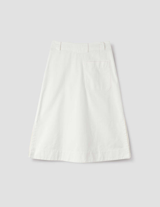 White A line skirt with side splits, belt loop detail on back and back patch pocket with reinforced stitch detailing. Back flat lay view. 