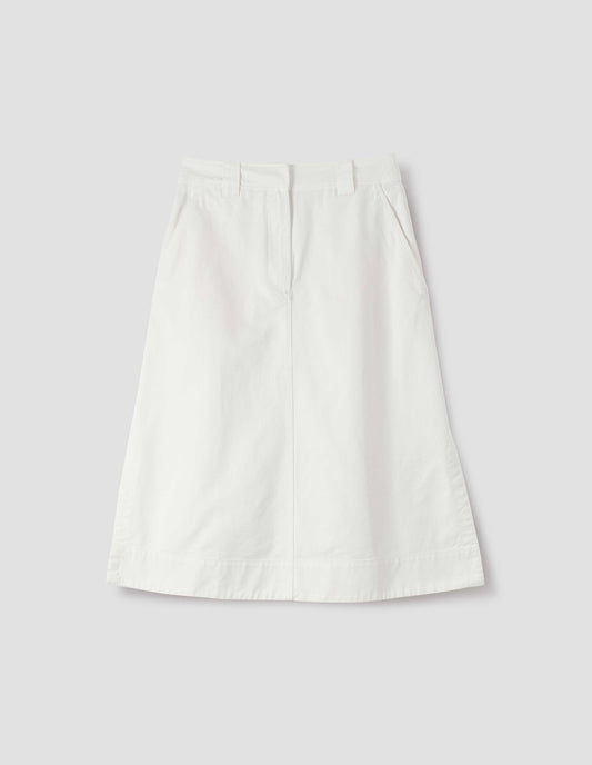 White A line skirt with side splits, zip fly and double hook and bar fastening waistband, belt loops, slant pockets and side splits. Front flat lay view.